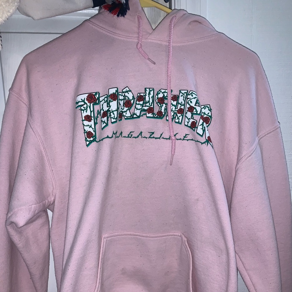 Pink Thrasher Hoodie sweatshirt.